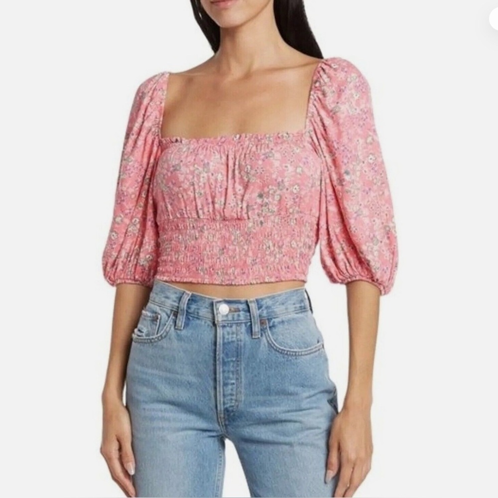 AFRM Waverly Pink Floral Puff Sleeve Smocked Ruffle Crop Top size XS